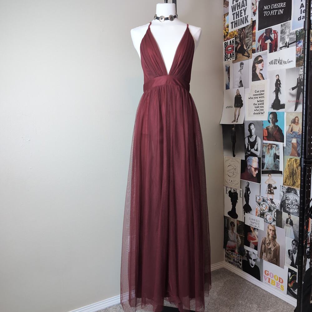 Plunging Neckline Glam Tulle Maxi Dress